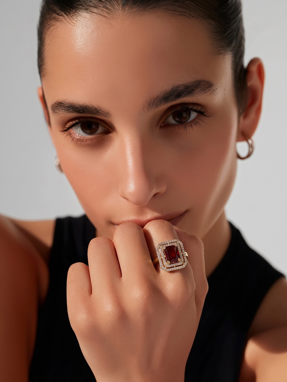 Bold Gold Ring with Deep Red Center Stone and Pavé Halo